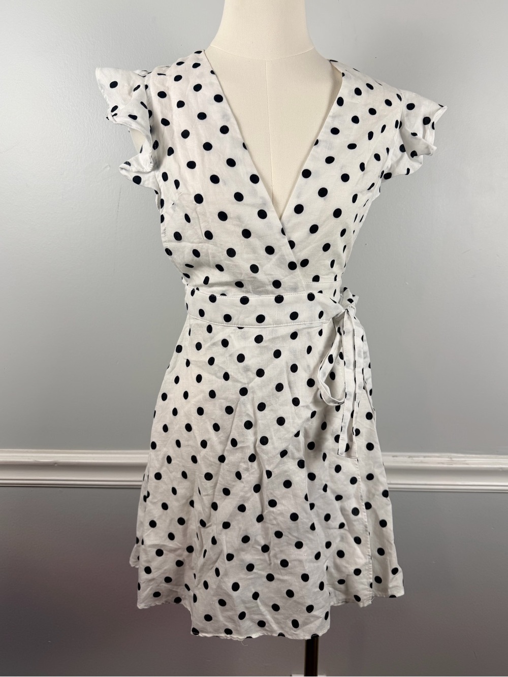Privacy Please White Black Polka dot wrap linen cotton mini dress size XS